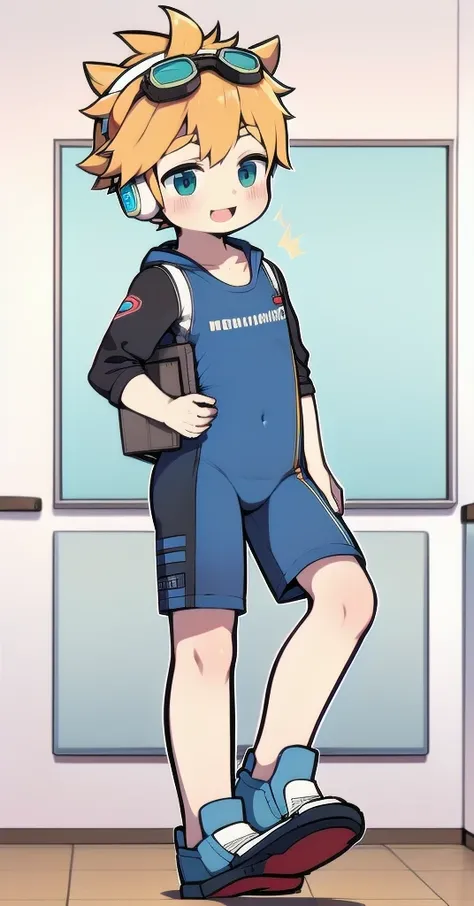 Two-dimensional boy boy， One-Piece Mountaineering Suit，horn，Cow ears， wears headphones on his head，Stand up，goggles，Sports shoes， slim， white over-the-knee socks，Short sleeve shorts，Leg ring，cute，happy，classroom