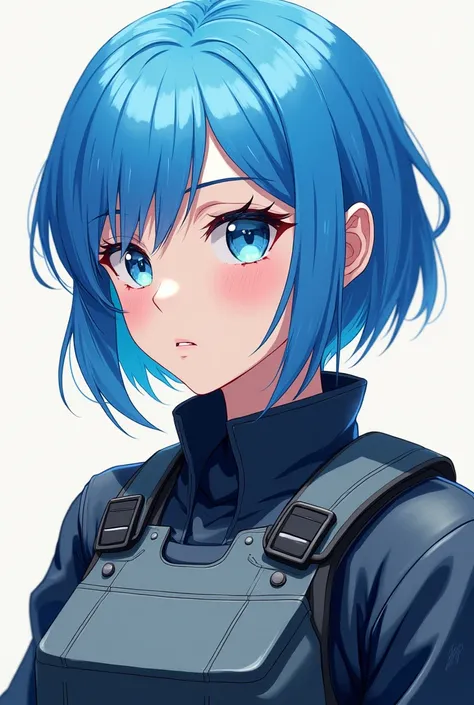 Anime girl with white skin and blue hair wearing bulletproof vest