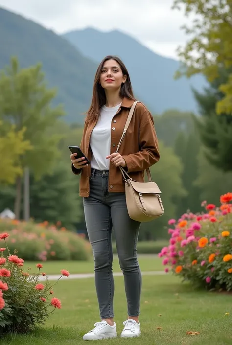 please make me a realistic photo of a very beautiful young woman aged 27 standing in a park with mountains in the background. She is wearing a brown jacket, gray jeans, and white sneakers. She has a beige bag slung over her shoulder and is holding a phone ...