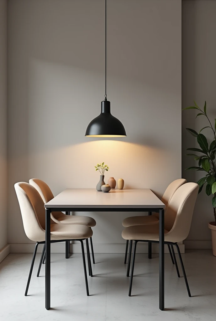 Create a picture of a gray table with black legs in a gray kitchen and a beige-black dining table lamp. In addition, beige chairs 