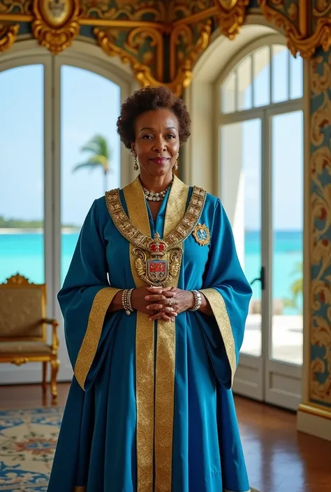  The Governor General stands in a magnificent throne room ,  which is decorated with royal emblems and golden decorations .  Large windows offer a view of the turquoise sea and the islands of the Bahamas.  She is wearing an elegant robe in the colors blue ...