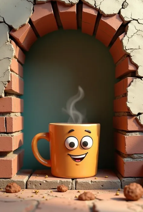 3D art, cartoon mug in the hole, in the cracked wall