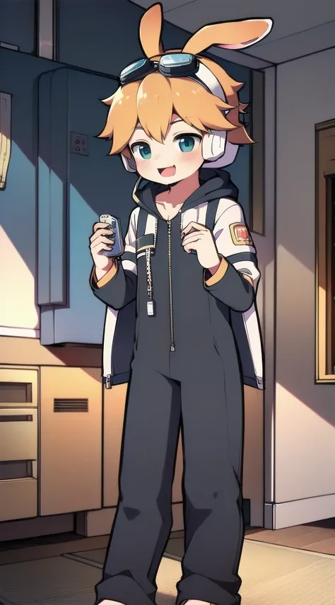 2D Shonen Shota，one-piece racing suit， slim, Healthy body， wears headphones on his head，stand up，goggles，Rabbit ears， happy ，Sailor collar，tie，zipper，hood，Trench coat，living room