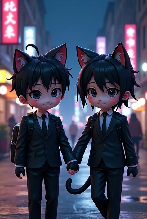 Two boys in their early teens、 chibi、  black hair、 split in the center 、Cat ears、Tail、 shiny black leather suit、 white shirt、 black tie、Shiny black gloves、 carry a shiny black elementary school backpack、 downtown at night、neon、3d