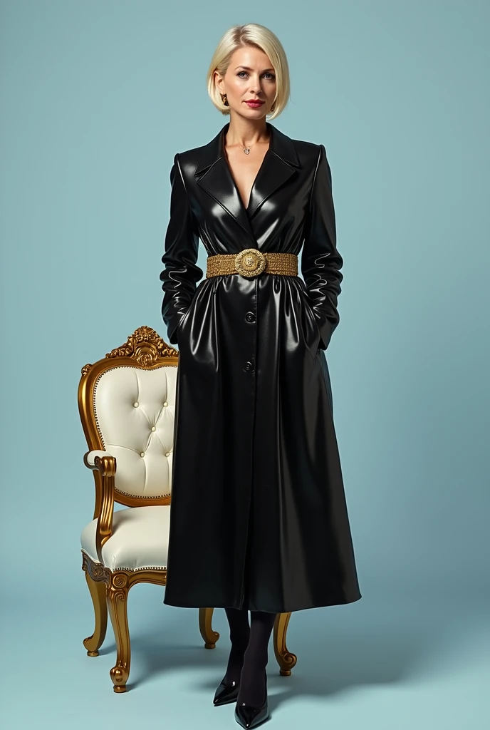  The center of the picture is a full-length portrait of a middle-aged queen with short hair，The figure is well-proportioned and tall， wearing a shiny long-sleeved black latex coat and latex socks ，(((( latex coat and latex socks without wrinkles ))))， with...