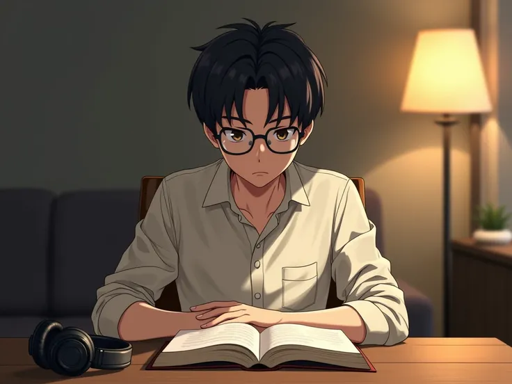 
anime adult boy with glasses character reading book in table with headphone