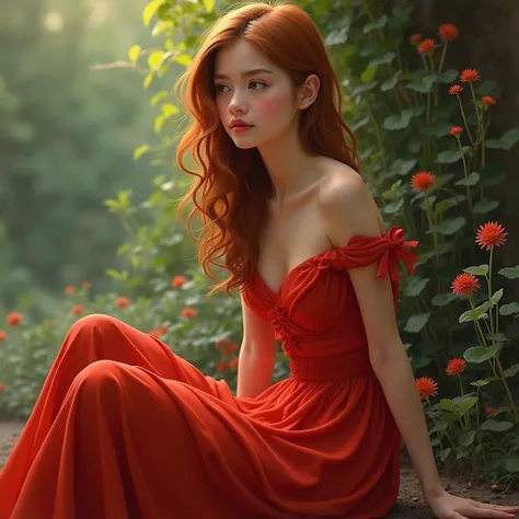 A girl wearing a red dress and sitting 