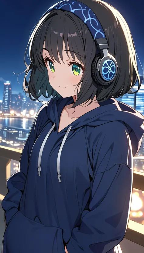 {{{masterpiece}}}, {{{ top quality}}}, {{ Ultra Detailed }}, { beautiful, detail eyes}, 1 girl , Alone, (( black hair)), bob cut, (( green eyes)), (Hairy hair ), (pattsun maegami), Black headphones, , (かわいい黒の柄物 hoodie), cute black patterned hat,( cute b...
