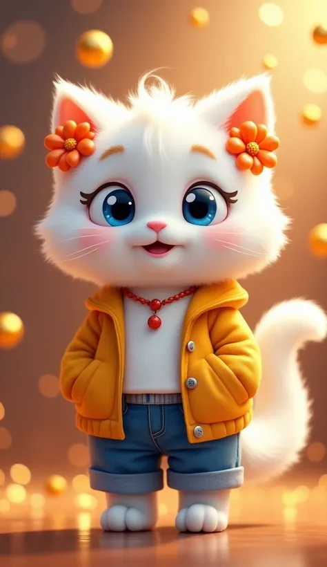 An adorable cartoon-style white fluffy cat with big blue eyes and a sweet smile. The cat is wearing casual trendy clothes: a yellow jacket, white top, and denim jeans, accessorized with a small red pendant necklace. Two vibrant orange flowers are placed on...