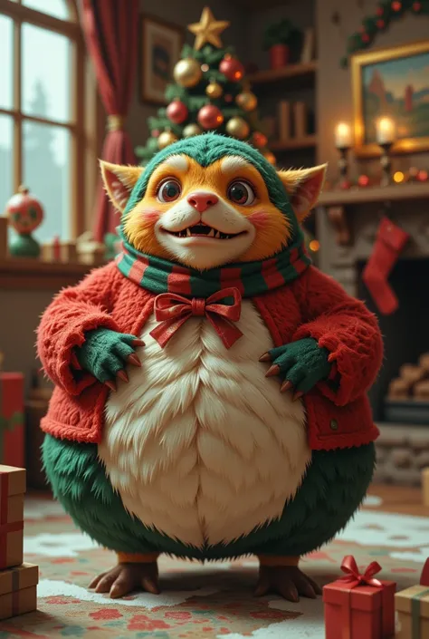 A cute and unusual animal born from Christmas, full of energy and making a fuss, fluffy, round shaped, and dressed in Christmas colors, ultra detailed, absolutely resolution, masterpiece