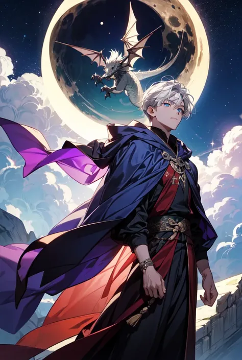 a 16-year-old guy with white hair collected and blue eyes in the air burns a purple green glow against the background of the moon around him, he puts on a white magic cloak with a silver hood against the background of the shadow of the dragon and the dryad...