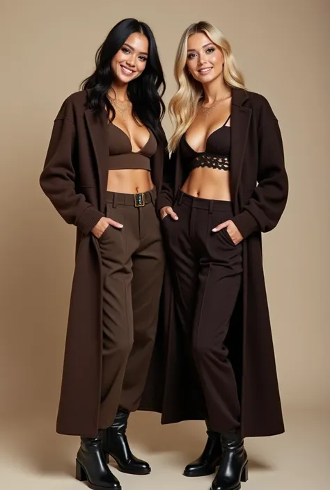 Full body portrait, two rich caucasian fashion models, 18 year old women. Both have large breasts. smile. One has black hair and the other has blonde hair. Accessories and long dark brown cashmere jacket and wool, low waist, wide pants. Platform boots. She...