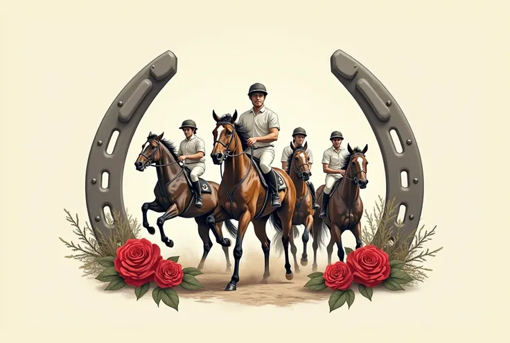 Logo study group containing a horse and horseshoe with fine line country theme，Riders and horses leap up，There are also red roses，Horse Racing Venue
