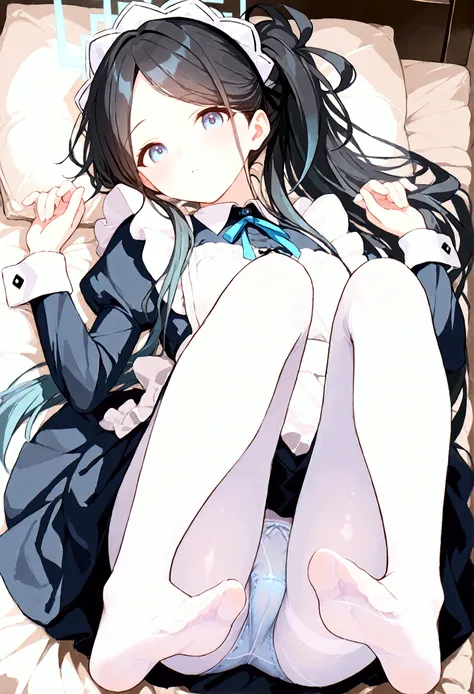  high image quality 、masterpiece、  High Quality   、Full HD、4K 、Tendo Alice(blue archive)、 black hair 、 white headband 、 blue eyes、 slim、 shy 、blush、 red cheeks 、Watery eyes、 maid clothes、light blue panties under pantyhose、 around the toilet、 bed in black、L...