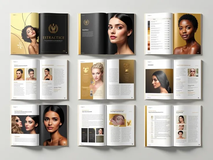 Design a visually cohesive and professional shotlist for an aesthetics training manual for the International Academy of Dermatological Arts, incorporating key pages such as a luxurious cover page featuring the academys name, modern typography, and elegant ...