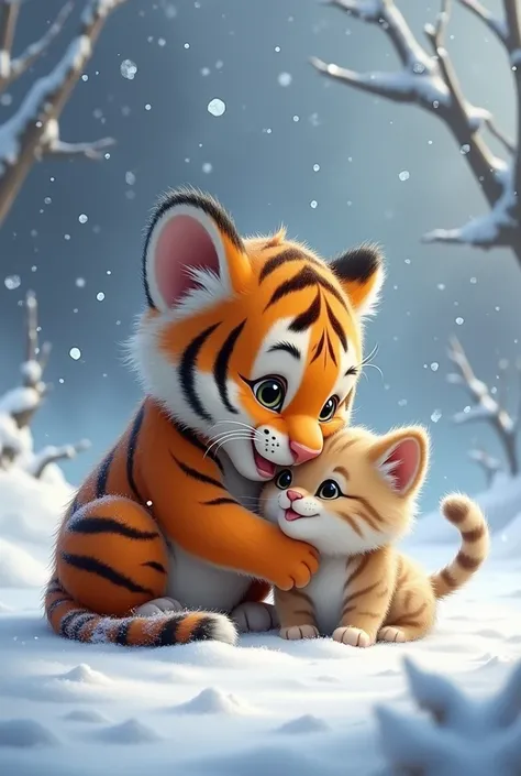 One cute tiger cub and one cat is shivering in the heavy snow.