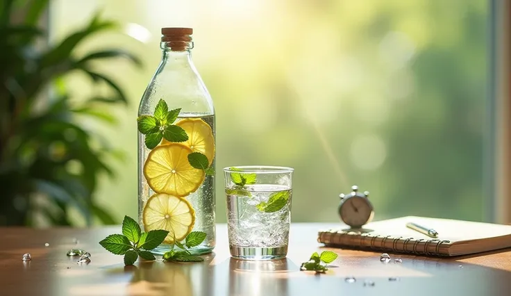 art photo, a serene and refreshing scene symbolizing the importance of regular hydration. A glass water bottle and a crystal-clear glass, partially filled with water, sit on a sleek wooden table. The bottle is adorned with slices of lemon and fresh mint le...