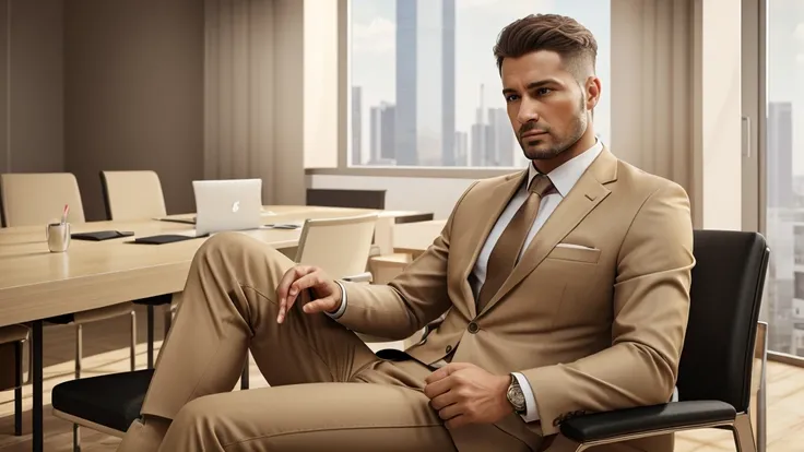 A hard working business man in beige coloured suit, working hard, business meeting, hyper realistic image, 4K resolution and 3D image