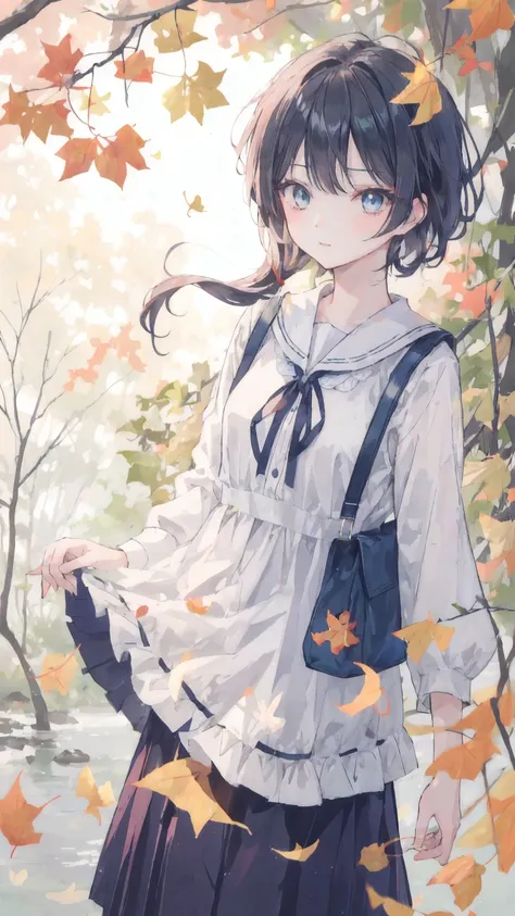 1 Girl, be opposed to_Tree, WHO_Jingha , anger_vein, autumn, autumn_Leaves,  bangs, only_Tree,  blue_ eyes, blunt_ bangs,  branch, night, skirt, fall_Leaves, forest, ginkgo_leaf, Hold_leaf, lake, leaf, leaf_background, leaf_head发_ ornament , leaf_exist_hea...