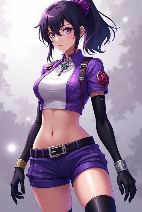  Try to portray a female character with a purple theme ,  her hair is in a pigtail on one side of the lower ear .  Has bangs like a seele from honkai star rail .  Using a palm that is comfortable to use for fighting .  His hair is dark . He wore a short-sl...