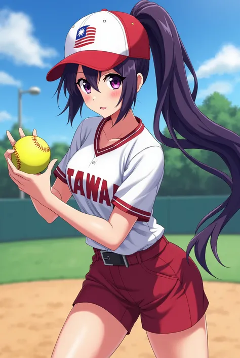 Japanese animation style、High school girl、Baseball uniform 、 Baseball Cap 、Softball 、Dark Purple Long Hair、single ponytail、 purple pupils、 full breasts 、From Taiwan