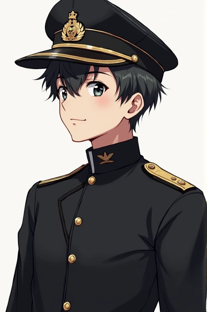 Create an anime boy wearing a black military shirt with a military hat