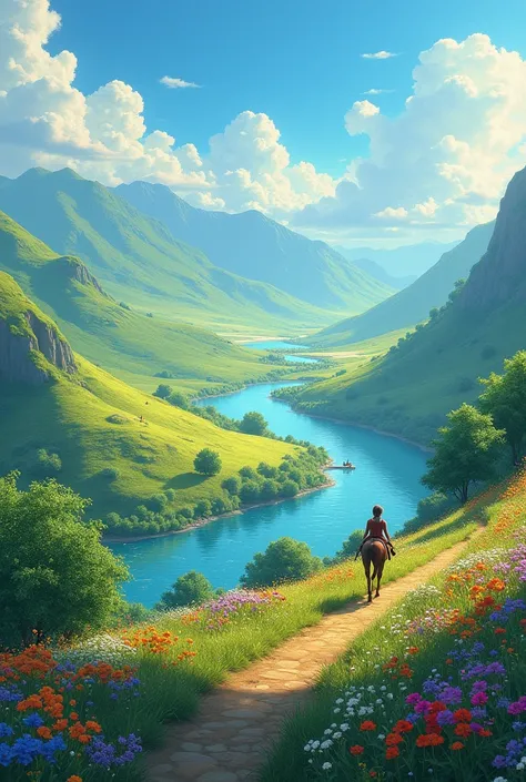 It filled the land with flowers ,  all the rivers sang,  the sky was blue , The warm air ,  the light breeze .  And across plains , vales,  hills and mountains followed the rider