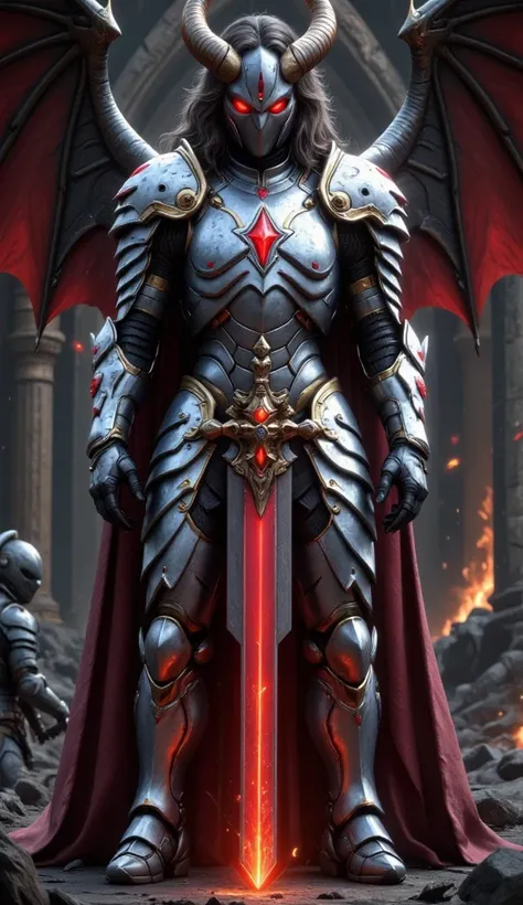  is possessed by a demon, a holy knight commander.A full-body image of an adult male . muscular body . wearing sacred white gold holy knight armor . Eyes Deep Red . standing inside a mysterious black and red church.Bold composition . full body image A deep...