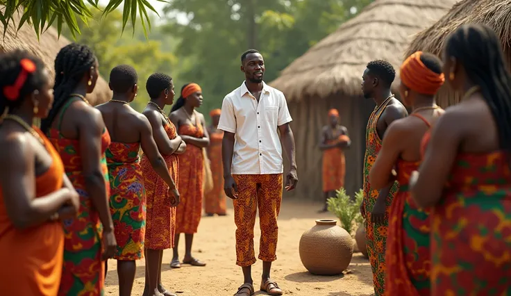 young handsome black man wearing white shirt and ankara trousers with brown shoes discussing with black people in a remote African village