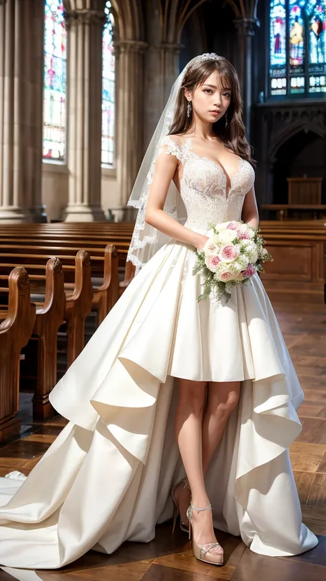 A beautiful young Japanese woman, 26 years old, with healthy thighs, beautiful legs, flawless skin, random hair color and style, large breasts, wearing a (wedding dress:1.3), (she is standing:1.2), full body shot, high heels, holding a bouquet in her hands...