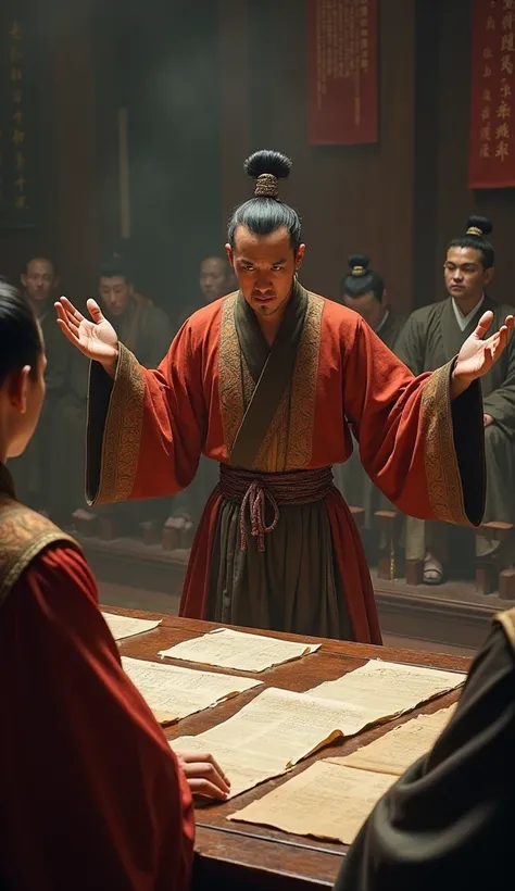 A dramatic scene showing a man from ancient China arguing his height in front of imperial officials. The officials hold measuring rods and appear skeptical, while birth records are displayed as incomplete or tattered scrolls on a desk. The man gestures to ...