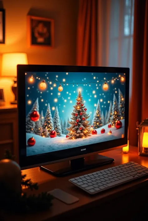 a focus shot on a television with christmas decorations