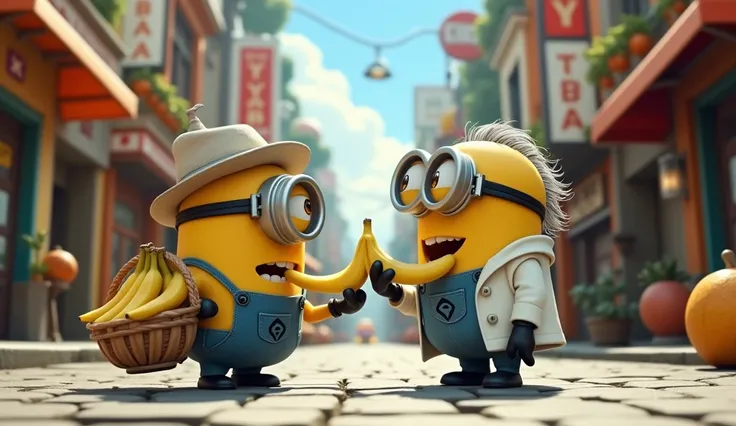 A yellow minion having two eye eating banana give by a creepy old man scientist selling bananas standing in front of minion on cartoonist street