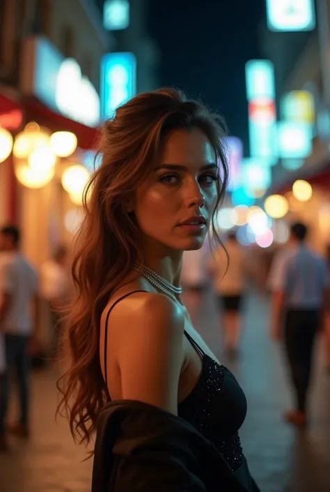 Beautiful woman on the illuminated street photo