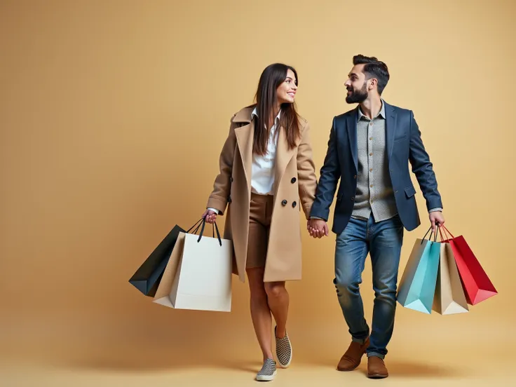  create an ultra realistic image ,  of a man and a woman shopping together with store bags,  there can be no cut on the sides or on the top , Half body image, Taking from a totally dynamic angle , neutral background