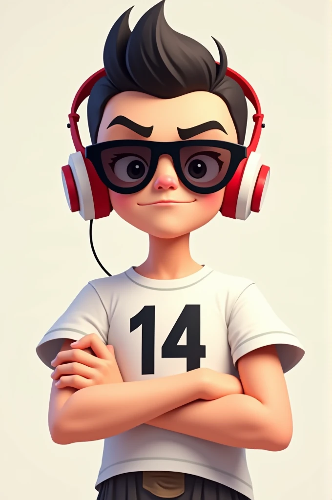 2D character boy with short hair, white shirt with number 14, red and white headphones, With a pimps face and dark sunglasses and arms crossed 