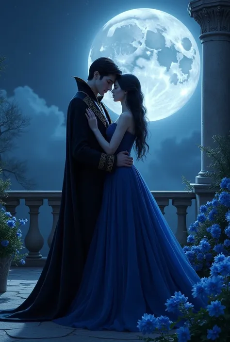 Full body, Gibbous moon, 1 vampire male, prince, handsome, 1 female, midnight blue dress, embracing under the moon, palace terrace, blue delphinium flower flowers, Gothic, Romance, coupleHigh Resolution, Accurate, Award Winning, HD, Super Detailed, Black H...