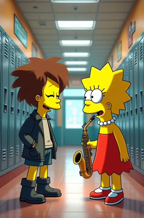 A photorealistic 8K resolution image of Sharlene Sinclair from the TV show "Dinosaurs" standing next to Lisa Simpson from "The Simpsons." They are depicted in a high school hallway, filled with lockers, motivational posters, and natural lighting coming fro...