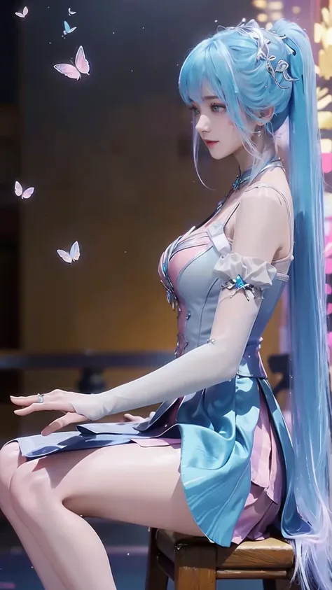 The character features a woman with colored, blue and pink hair. Ombre hair decorated with silver ornaments and crystal butterfly wings. Her face is firm, her lips are seductive, with sharp shining green eyes and subtle pink makeup all around., Bangs, Hair...