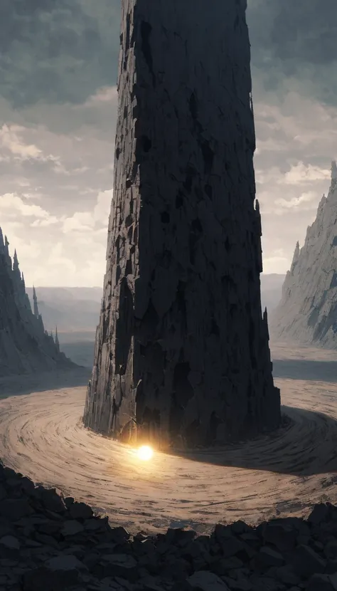 a dark tower standing alone in a flat wasteland, visible from a great distance, narrow and very high, the blackness of the stone contrasts with the bright sun, rounded by Black wall, It stands in the middle of a huge square created by the wall surrounding ...