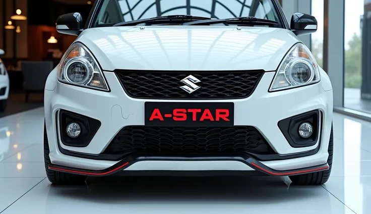 A highly detailed close-up front view of a 2008 Maruti Suzuki A-star, painted in a sleek white color with a glossy finish. The car features a large and angular sporty design, a prominent Suzuki logo on its intricately designed grille, and modified sleek LE...