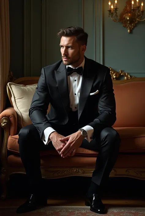 Handsome big bodied man wearing satin tuxedo suit squatting on sofa with satin cushion cushion in classic room with low light