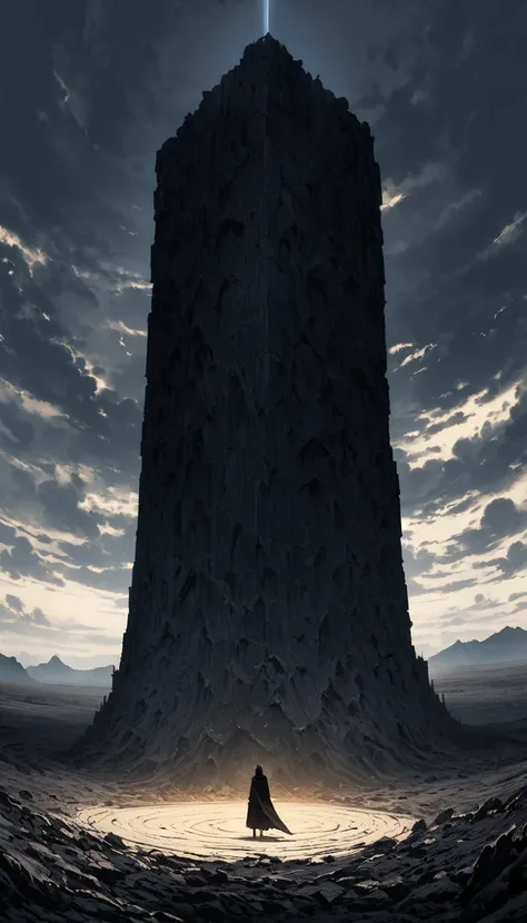 a dark tower standing alone in a flat wasteland, visible from a great distance, panoramic view,  narrow and very high, the blackness of the stone contrasts with the bright sun, rounded by Black wall, It stands in the middle of a huge square created by the ...