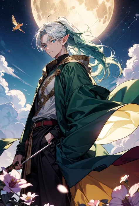 a 16-year-old guy in the air against the background of the moon dressed in a white hood with white hair gathered in a ponytail with blue eyes in white, in general, with a golden hood in his hands, holds a magic blade filled with e purple and green auras, a...