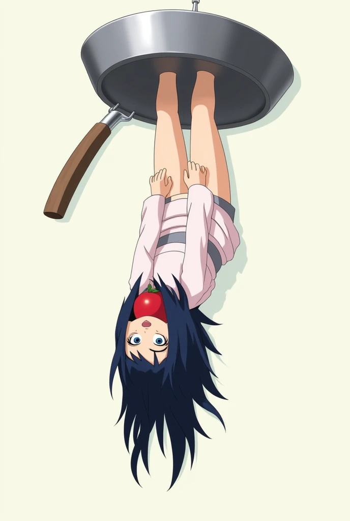 A Hinata Hyuga from Narutos anime tied on a frying pan with an apple in her mouth upside down