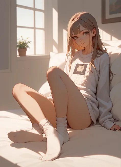 Score_9,Score_8_up,Score_7_up,highest quality,detailed,1 girl, prepubescent girl, slim,brown long straight hair,sweater,grippy socks, painted nails, thigh high, flat chest, full body, on bed, no shoes