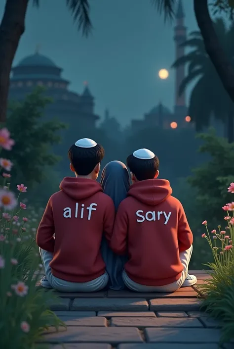 
 a pair of boyfriends wearing a kopyah ,and a woman wearing a veil ,  sits in front of the mosque garden  . the lovers are wearing a red Hoodie with white writing . One T-shirt read “ALIF” and another read “SARY”.
 the lovers are wearing long white pants ...