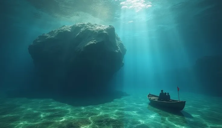 A calm lake holding a huge rock in under water, a boat moving towards the rock, under water  shot, no currents and waves, fresh water, nature, hyper realistic image, 4K resolution, 3D image and cinematic shot 