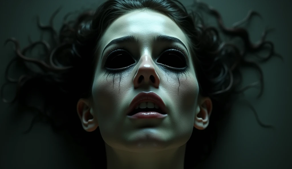 The woman turns her face up, and empty dark pits appear in place of her eyes.
