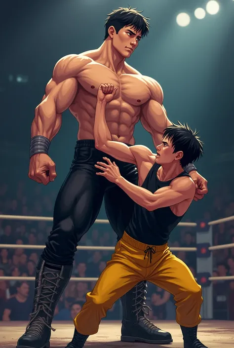 A male wrestler with a six-pack aged 17 wearing black pants defeats an opponent wearing a black tank top, anime yellow pants